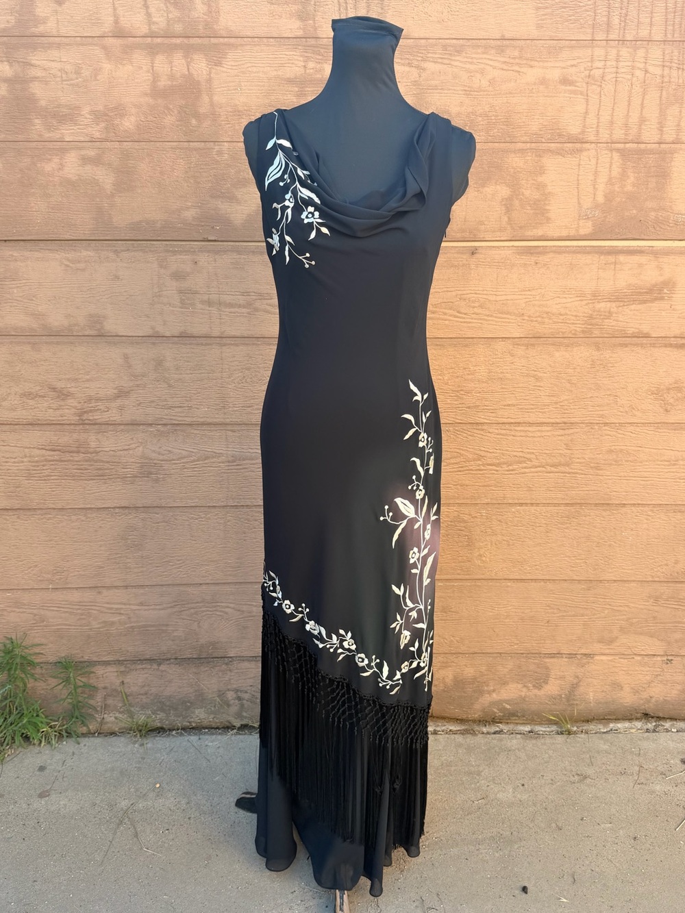 Vintage Black embroidered Floral cowl neck Fringe Maxi Dress